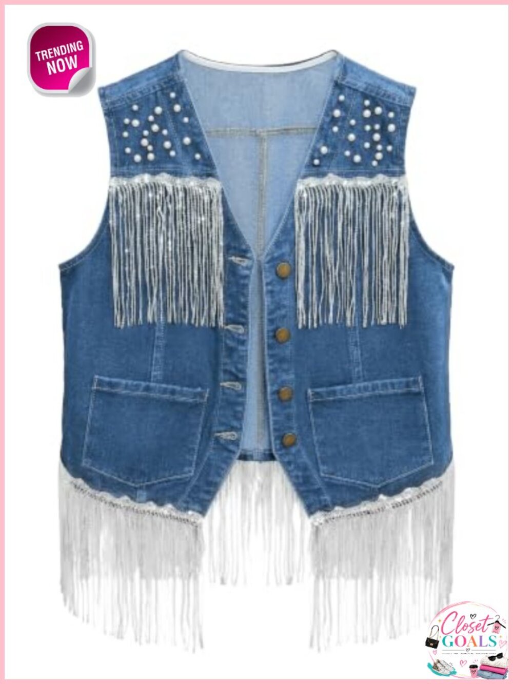 Denim Fringe Vest Cropped Pearl Sleeveless Western Cowgirl Top